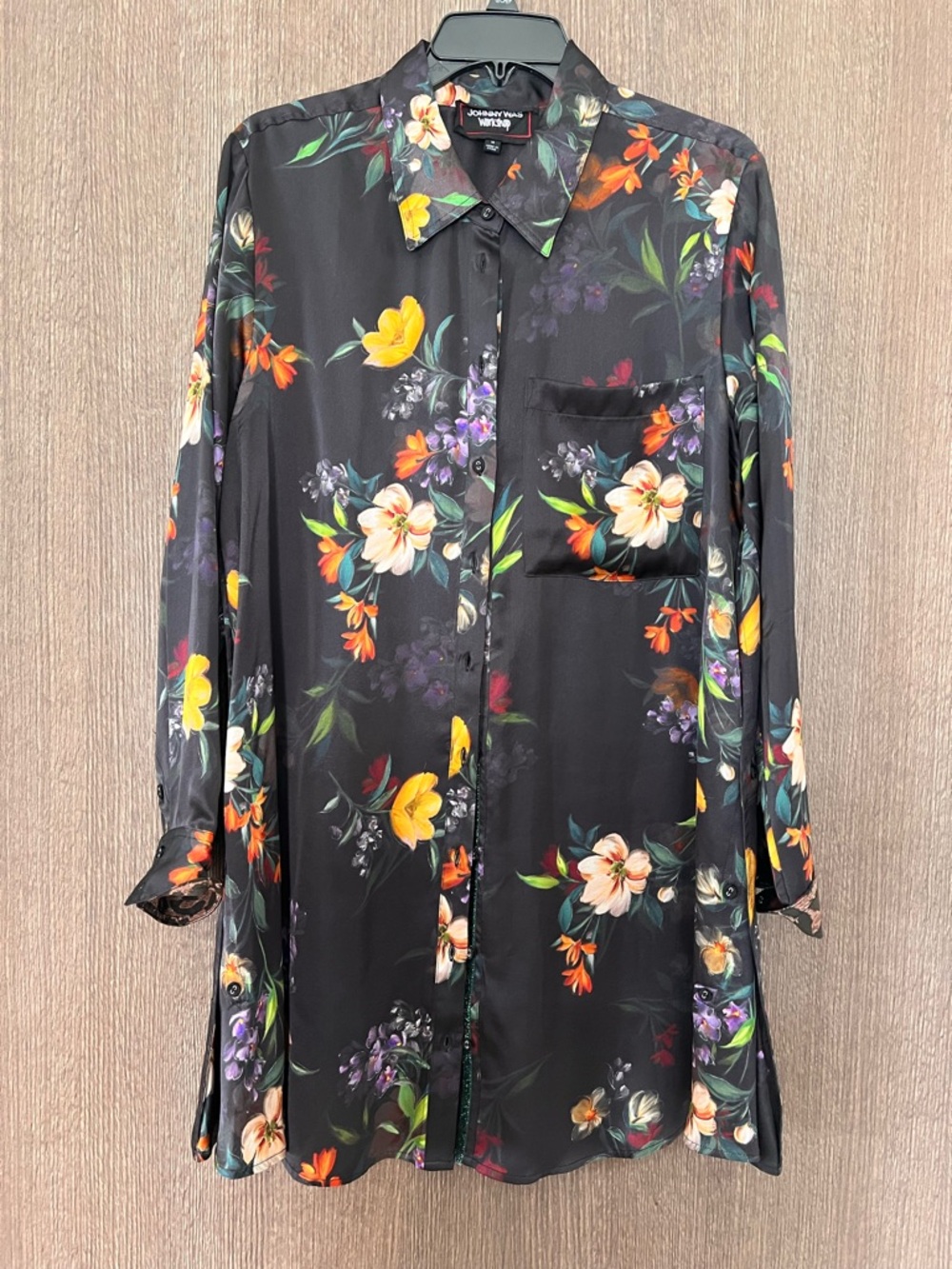 Johnny Was Black Floral Long Sleeve Shirt Dress with Yellow & Purple Accents